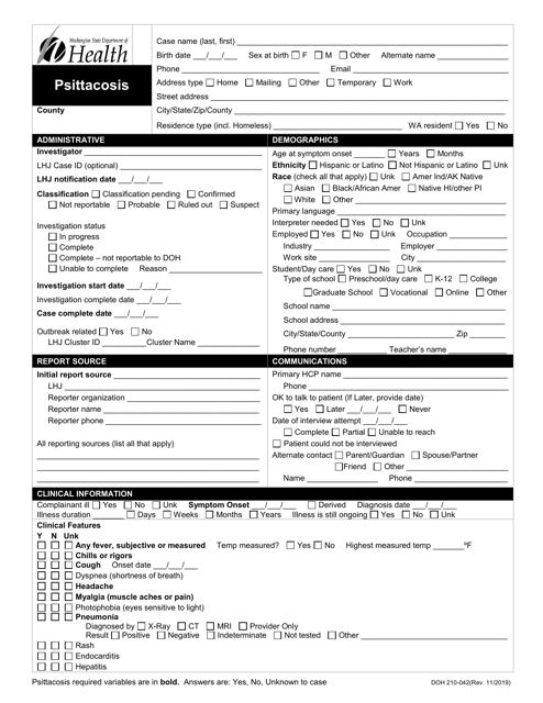 DOH Form 210-042 Psittacosis Reporting Form - Washington
