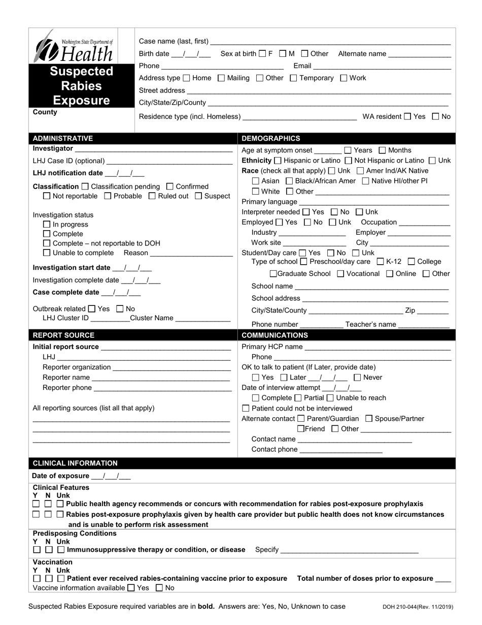 DOH Form 210-044 Suspected Rabies Exposure Reporting Form - Washington, Page 1