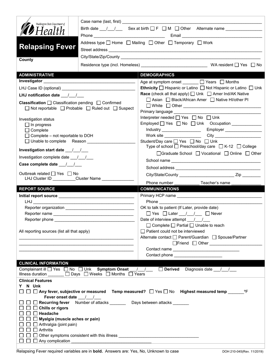 DOH Form 210-045 Relapsing Fever Reporting Form - Washington, Page 1