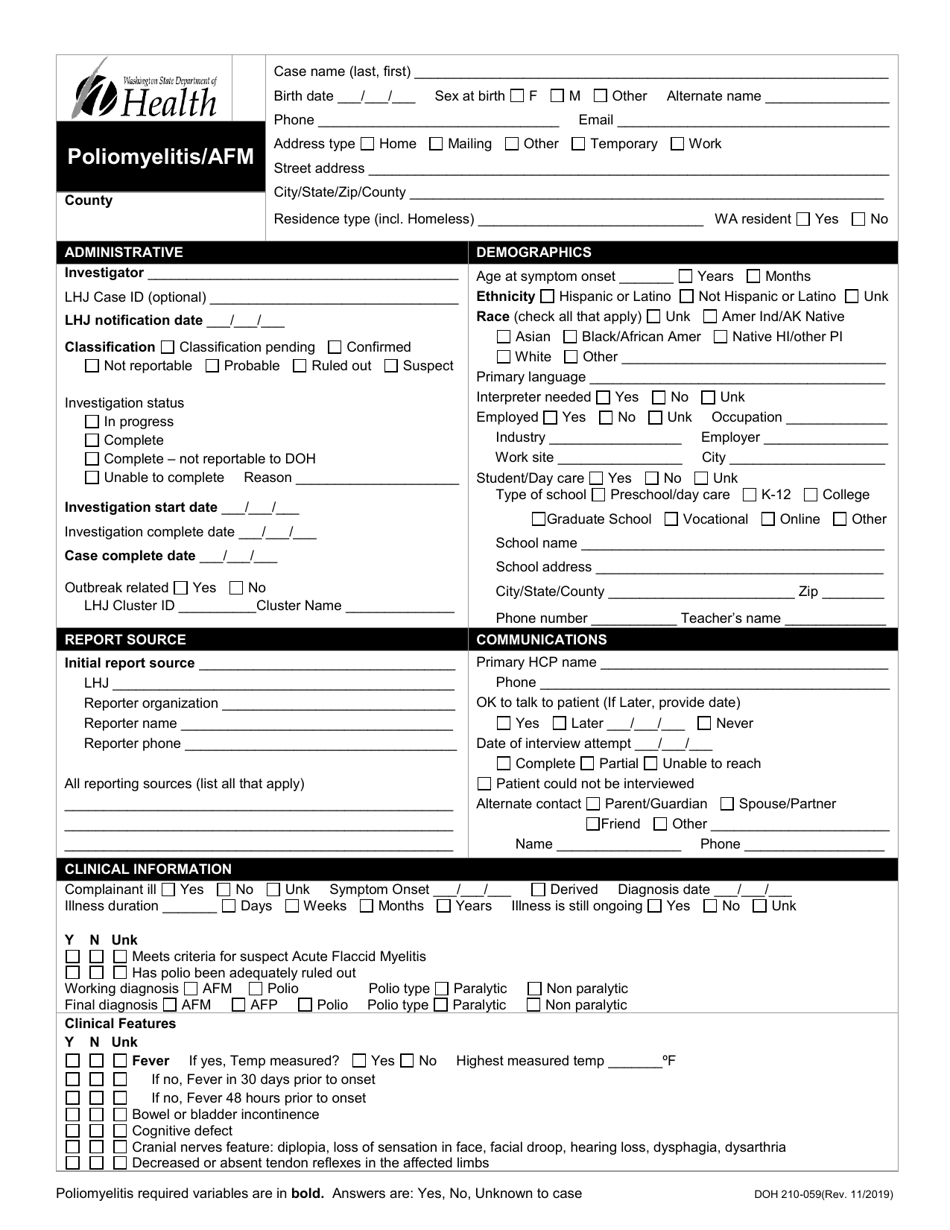 DOH Form 210-059 Poliomyelitis / Afm Reporting Form - Washington, Page 1