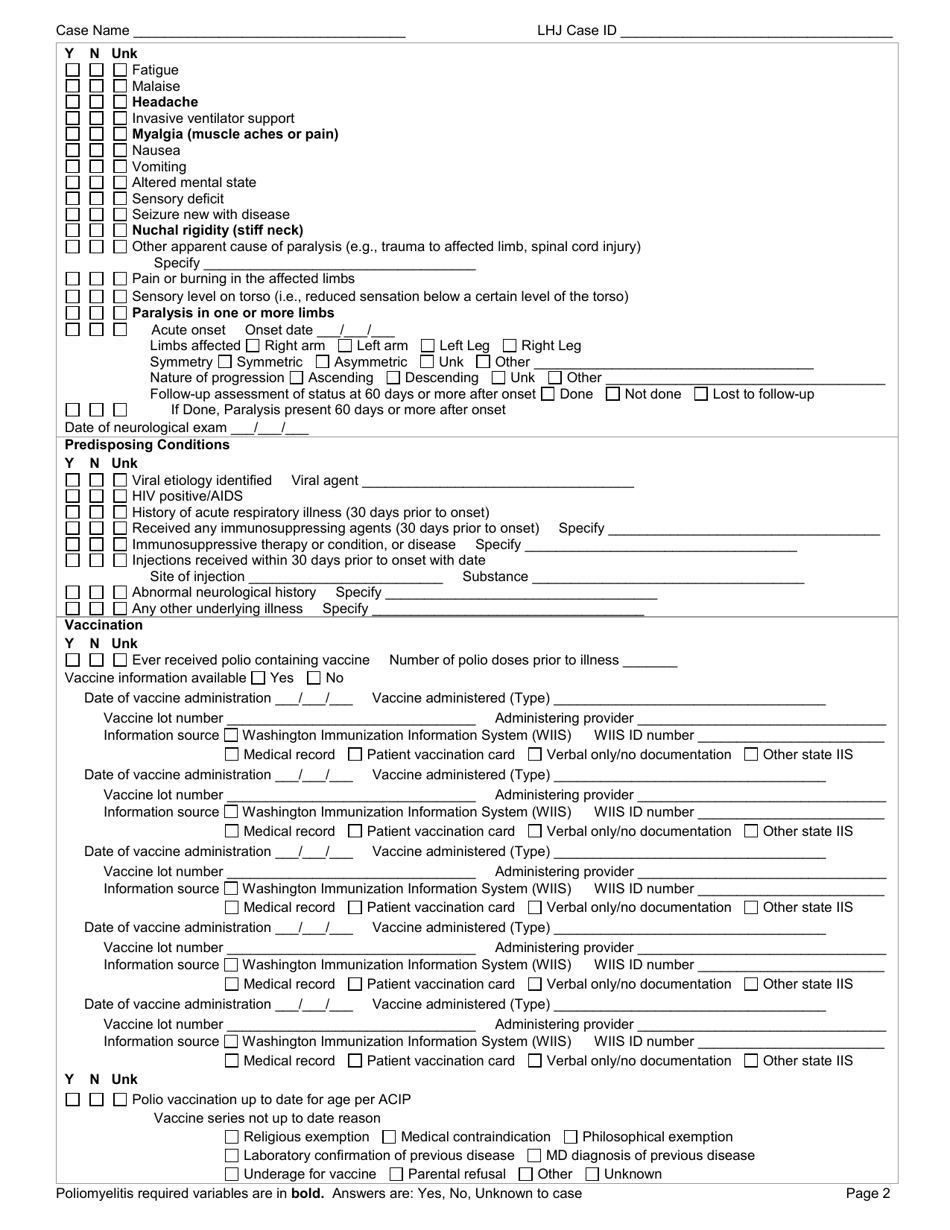DOH Form 210-059 Poliomyelitis / Afm Reporting Form - Washington, Page 2