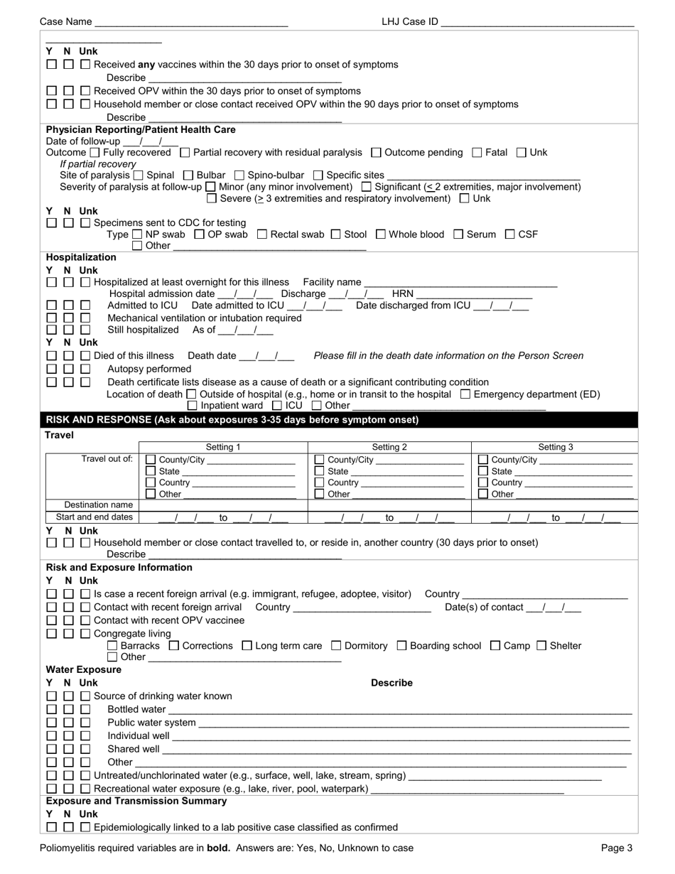DOH Form 210-059 Poliomyelitis / Afm Reporting Form - Washington, Page 3
