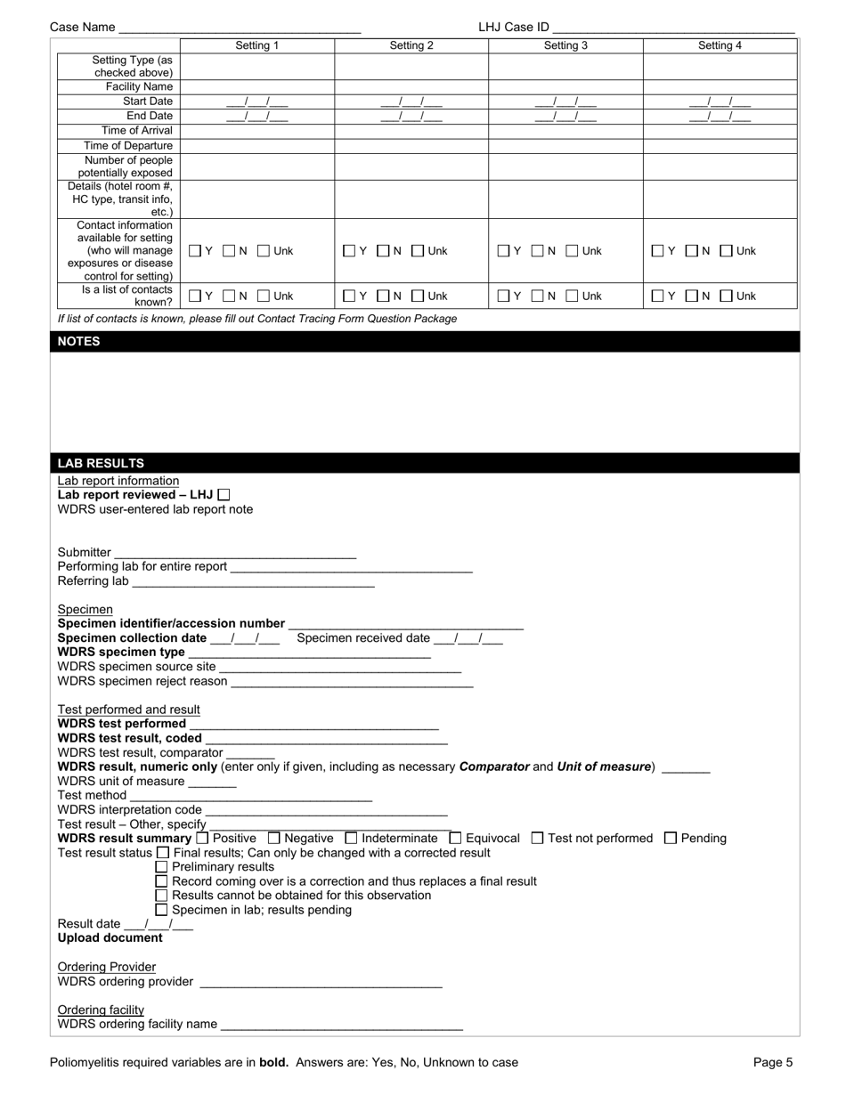 DOH Form 210-059 Poliomyelitis / Afm Reporting Form - Washington, Page 5