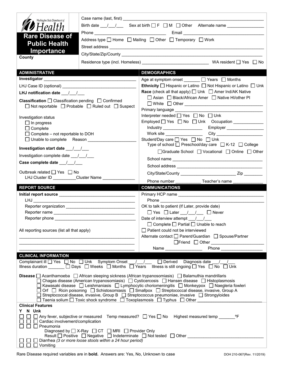 DOH Form 210-067 Rare Disease of Public Health Importance Reporting Form - Washington, Page 1