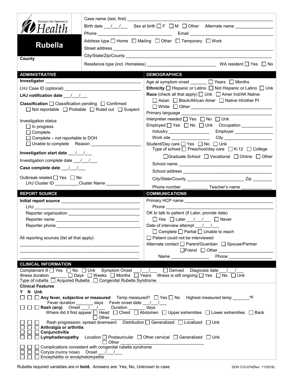 DOH Form 210-074 Rubella Reporting Form - Washington, Page 1