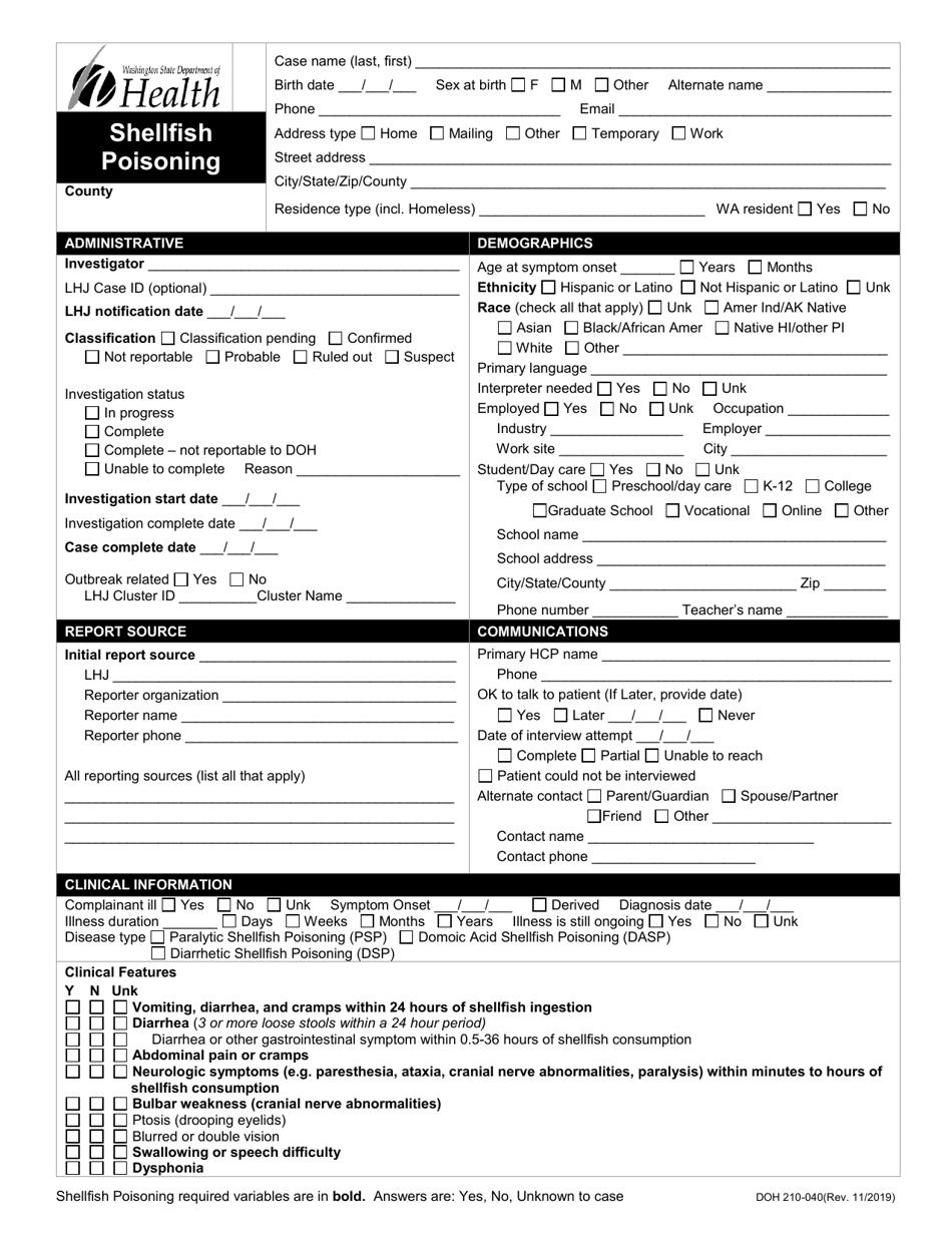 DOH Form 210-040 Shellfish Poisoning Reporting Form - Washington, Page 1