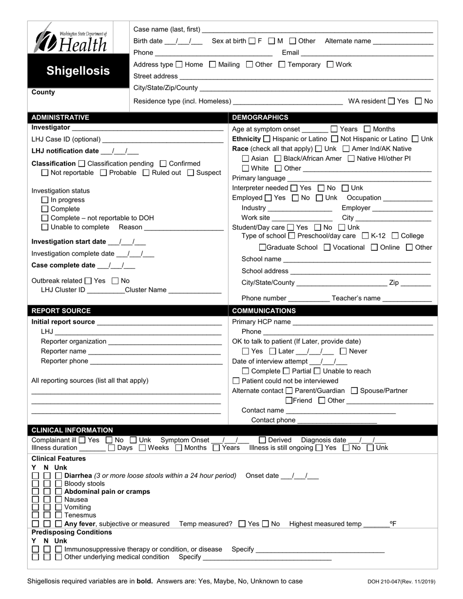 DOH Form 210-047 Shigellosis Reporting Form - Washington, Page 1