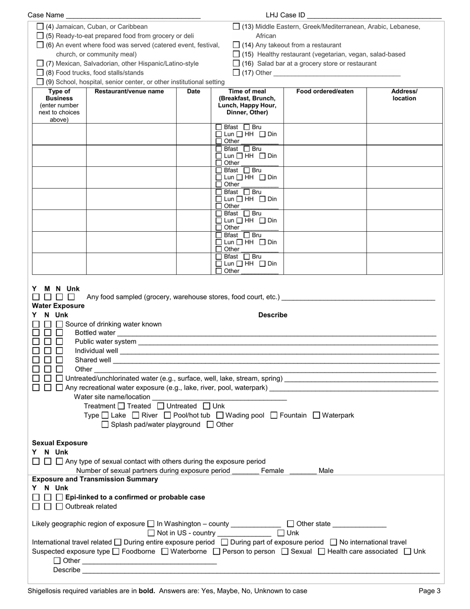 DOH Form 210-047 Shigellosis Reporting Form - Washington, Page 3