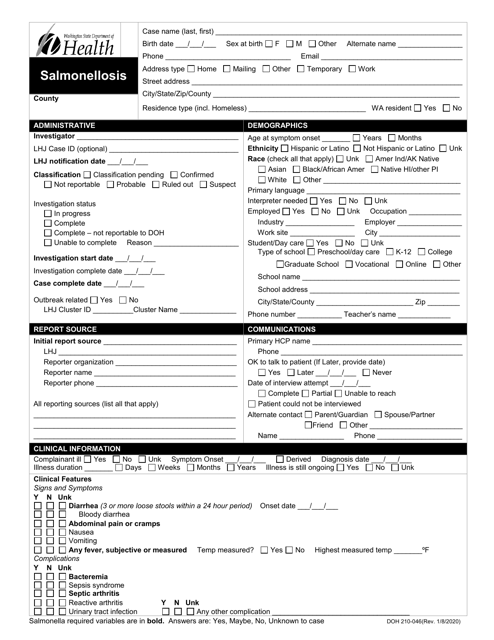 DOH Form 210-046 Salmonellosis Reporting Form - Washington