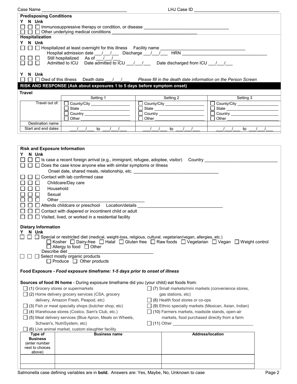 DOH Form 210-046 Salmonellosis Reporting Form - Washington, Page 2