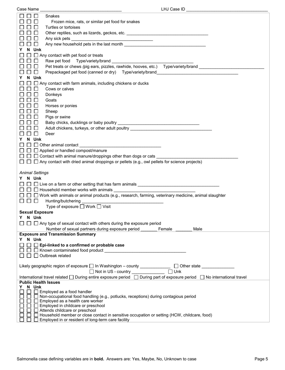 DOH Form 210-046 Salmonellosis Reporting Form - Washington, Page 5