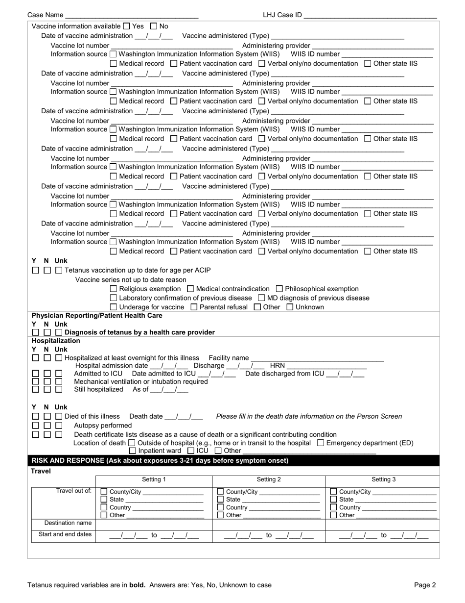 DOH Form 210-061 Tetanus Reporting Form - Washington, Page 2