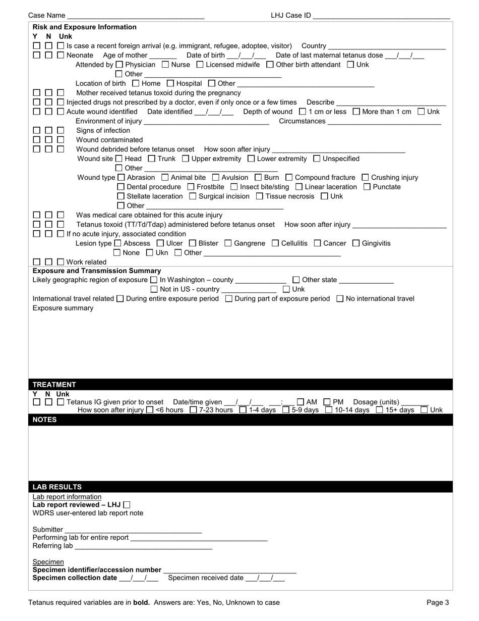 DOH Form 210-061 Tetanus Reporting Form - Washington, Page 3