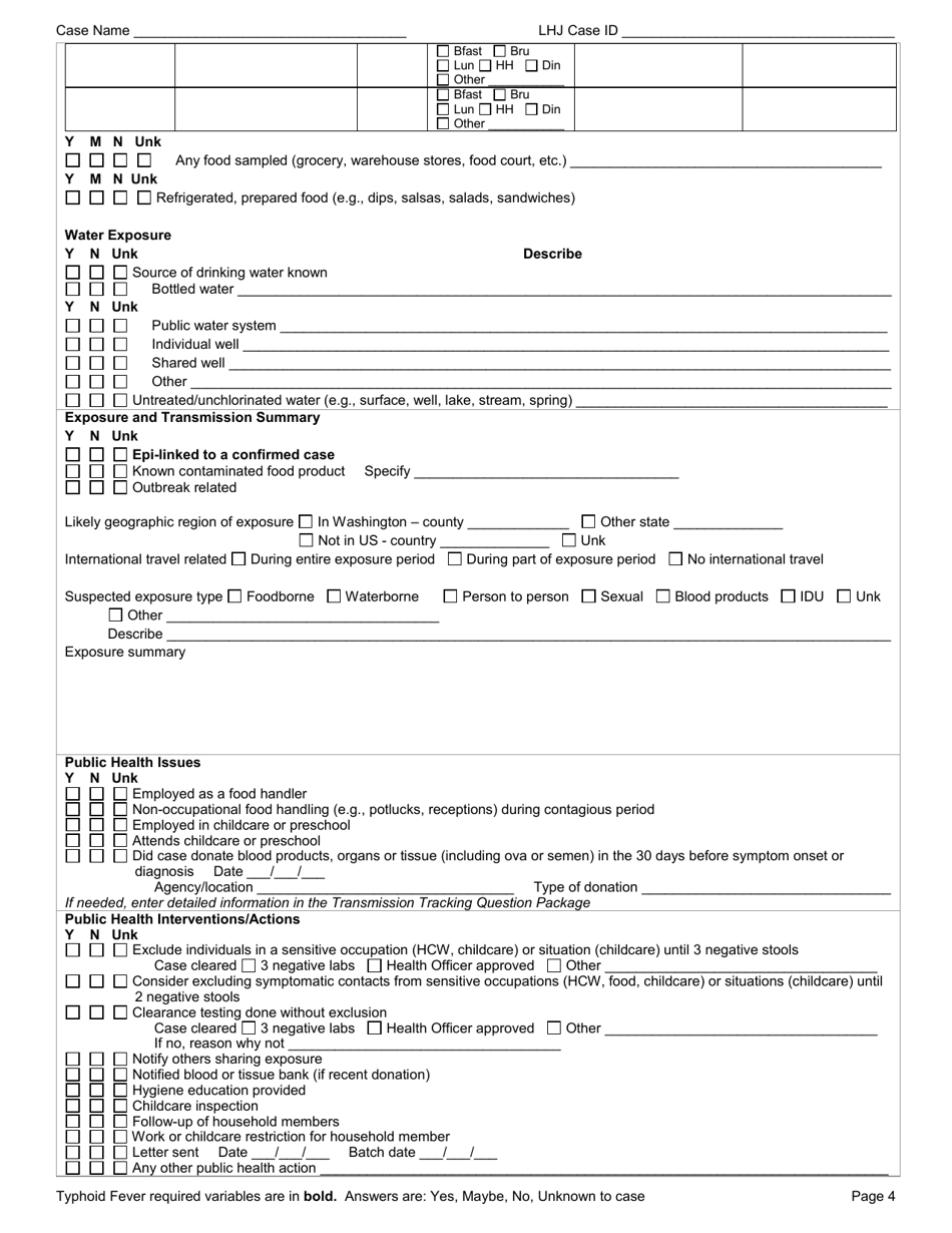 DOH Form 210-050 Typhoid Fever Reporting Form - Washington, Page 4
