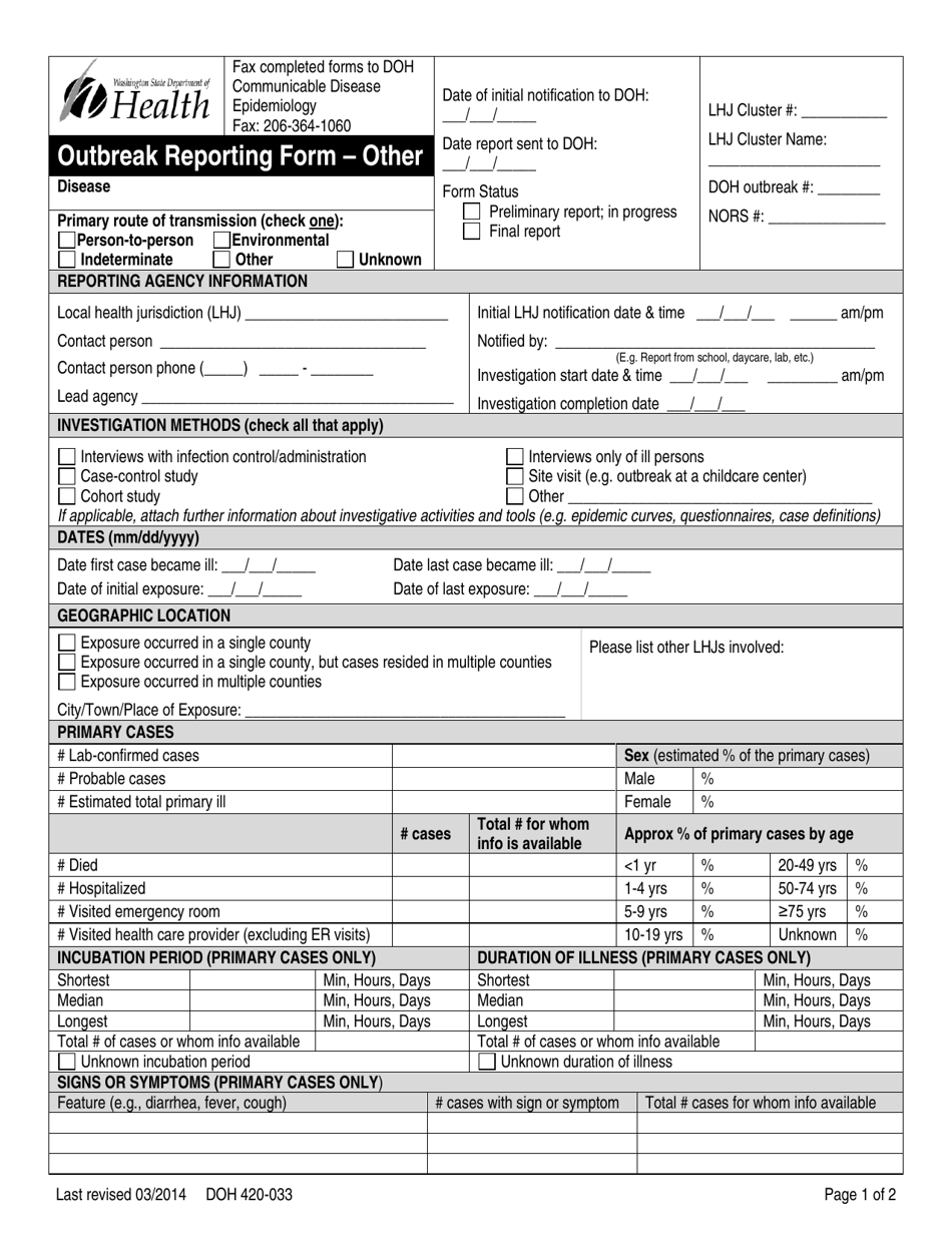 DOH Form 420-033 Outbreak Reporting Form - Other - Washington, Page 1