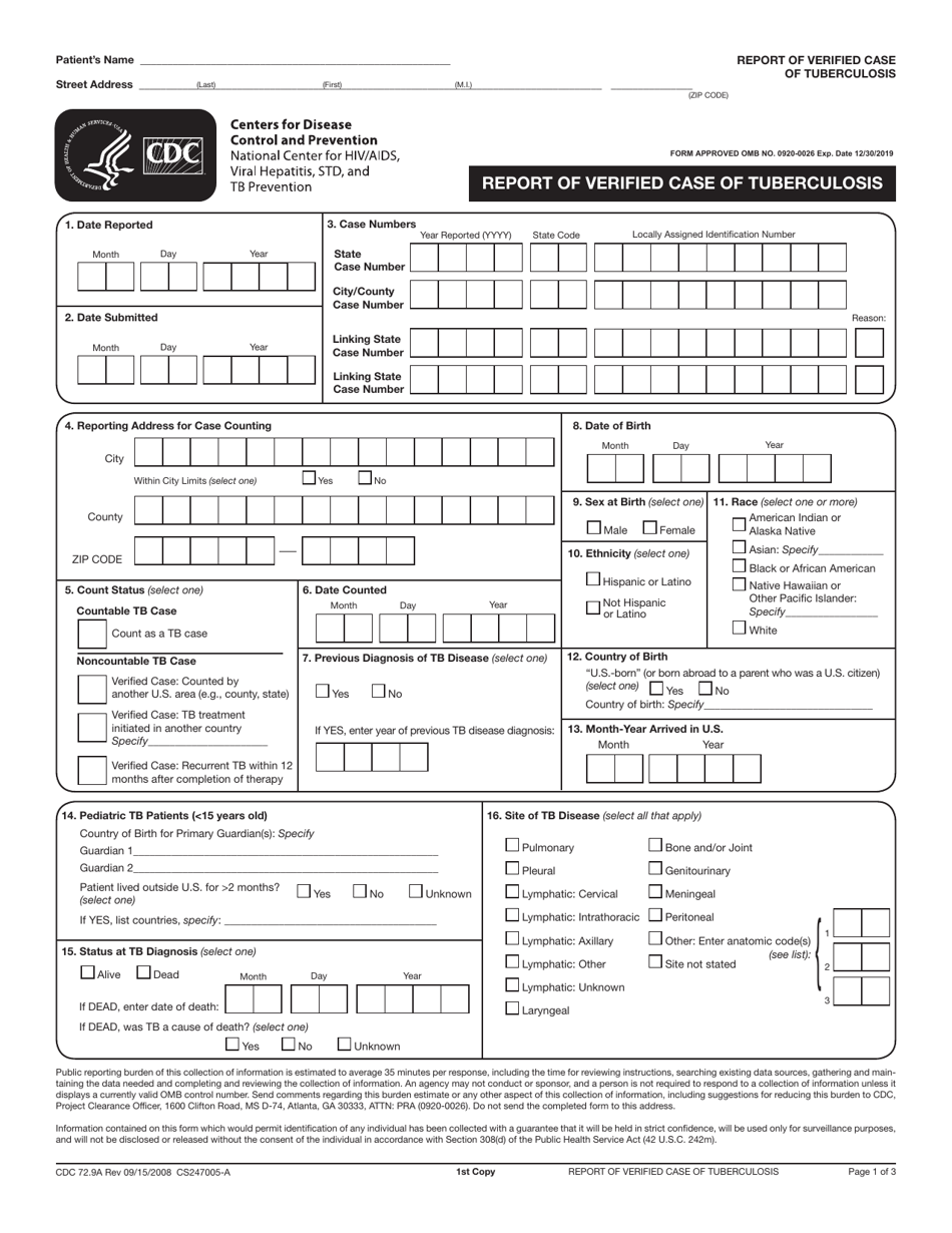 Form CDC72.9 Report of Verified Case of Tuberculosis, Page 1