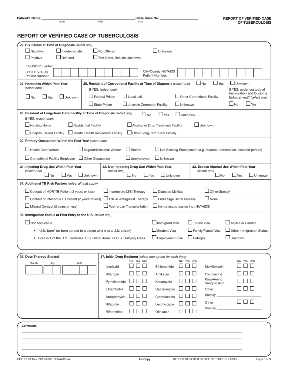 Form CDC72.9 Report of Verified Case of Tuberculosis, Page 3