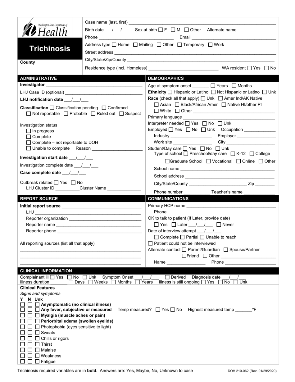DOH Form 210-062 Trichinosis Reporting Form - Washington, Page 1