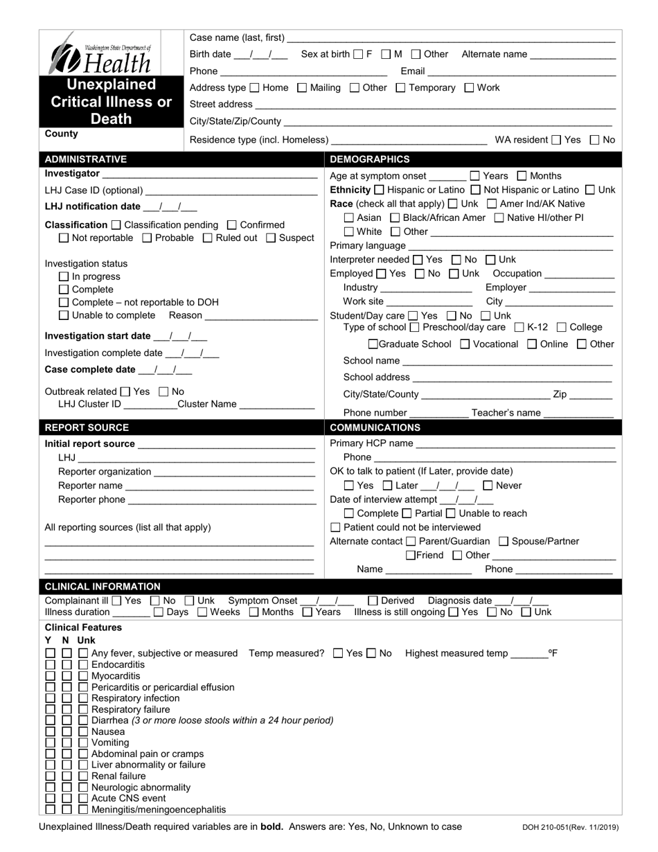 DOH Form 210-051 Unexplained Critical Illness or Death Reporting Form - Washington, Page 1