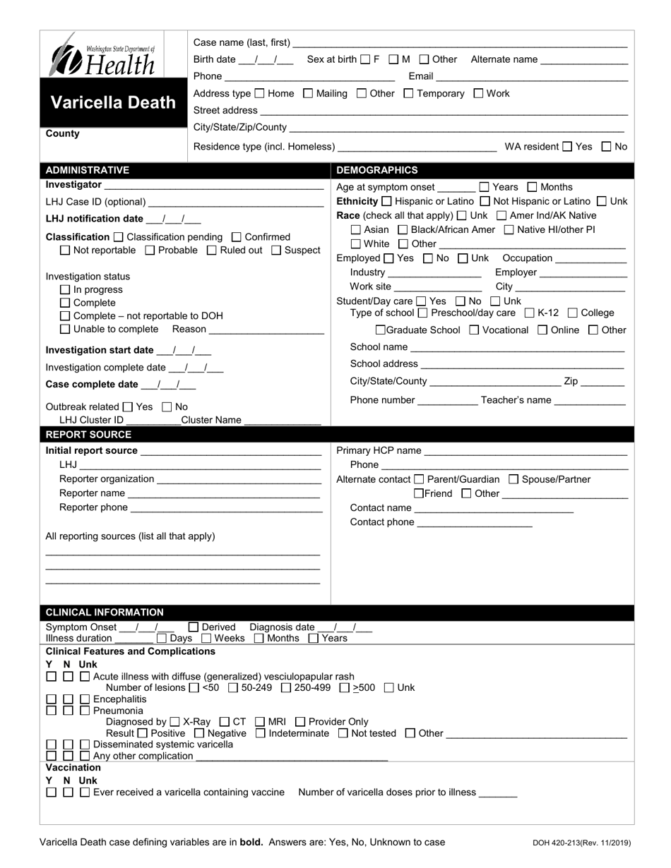 DOH Form 420-213 Varicella Death Reporting Form - Washington, Page 1