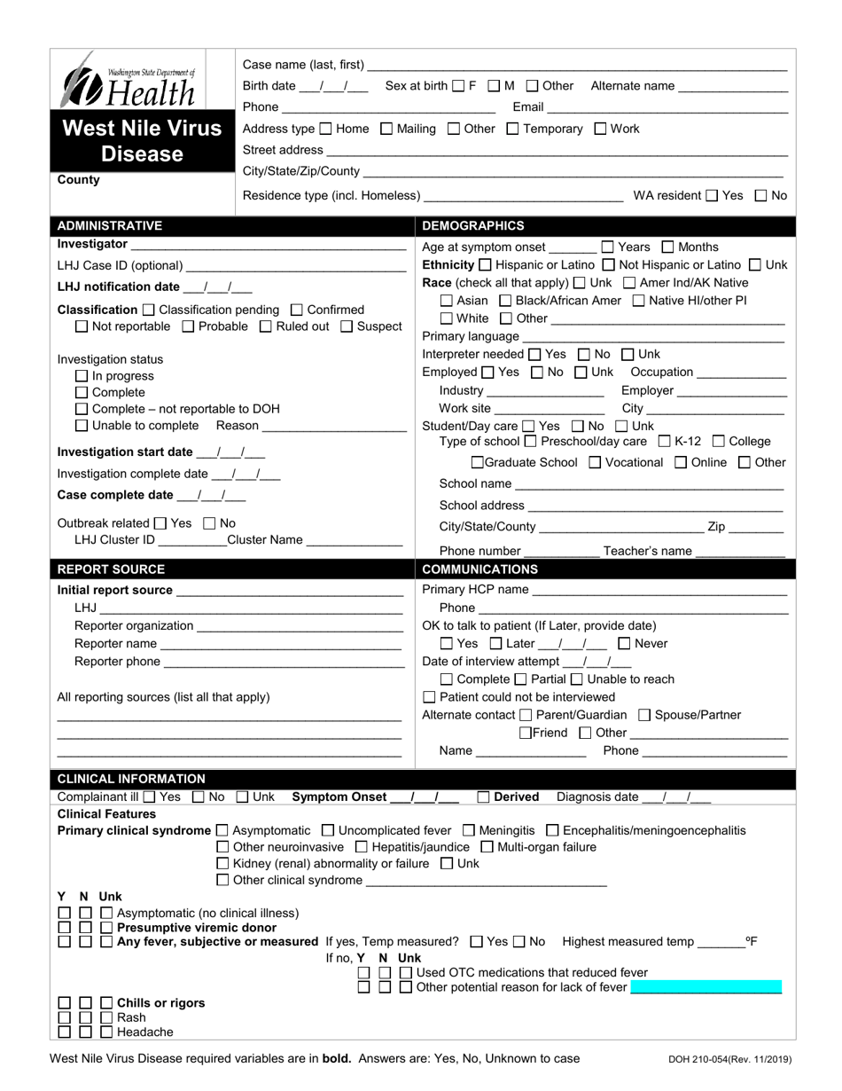 DOH Form 210-054 West Nile Virus Disease Reporting Form - Washington, Page 1