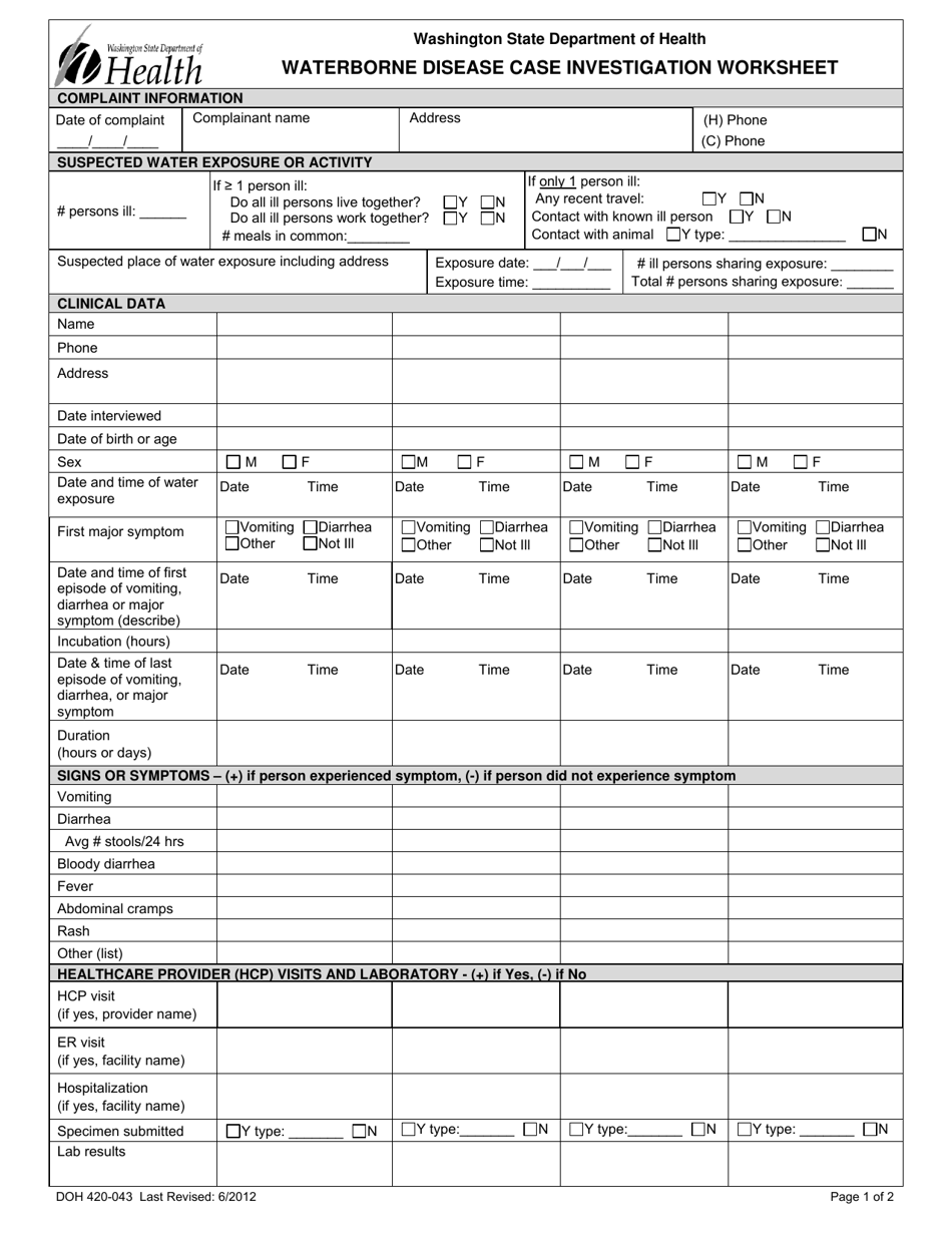 DOH Form 420-043 Waterborne Disease Case Investigation Worksheet - Washington, Page 1