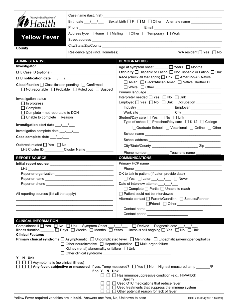DOH Form 210-064 Yellow Fever Reporting Form - Washington, Page 1