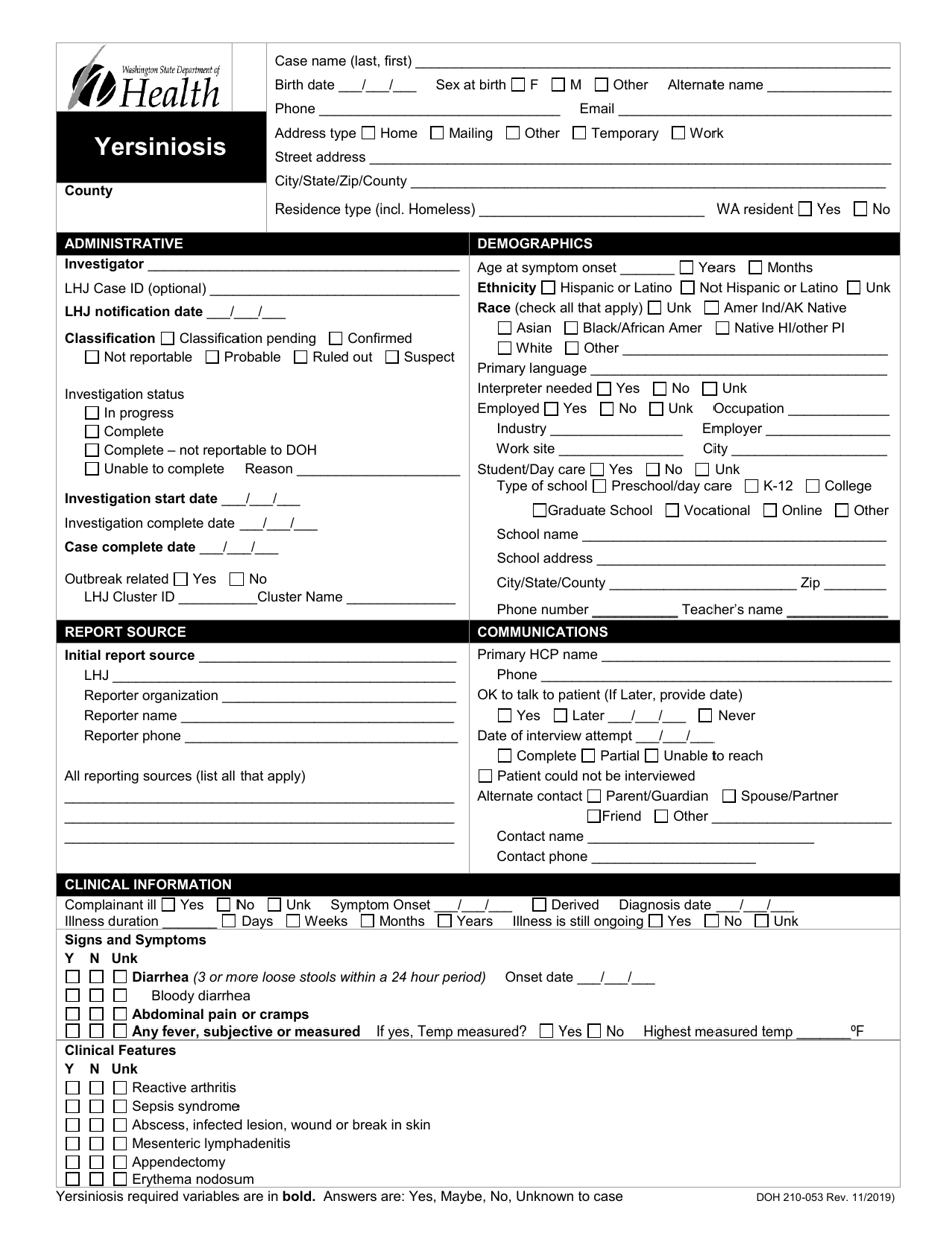 DOH Form 210-053 Yersiniosis Reporting Form - Washington, Page 1
