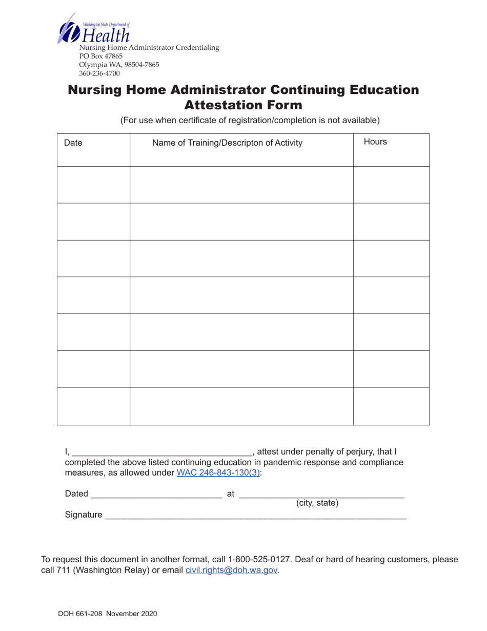 DOH Form 661-208 Nursing Home Administrator Continuing Education Attestation Form - Washington, Page 1