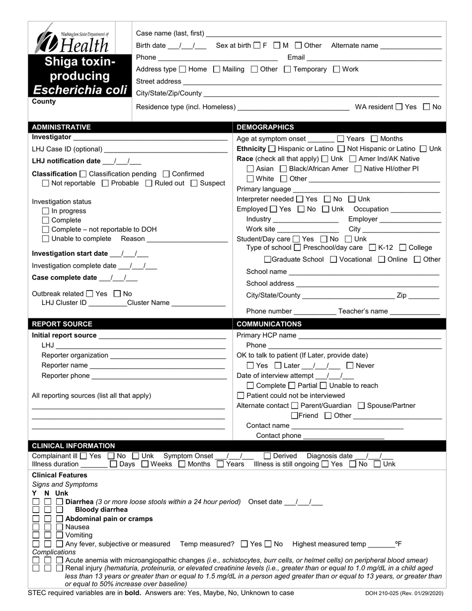 DOH Form 210-025 Shiga Toxin-Producing Escherichia Coli Reporting Form - Washington, Page 1