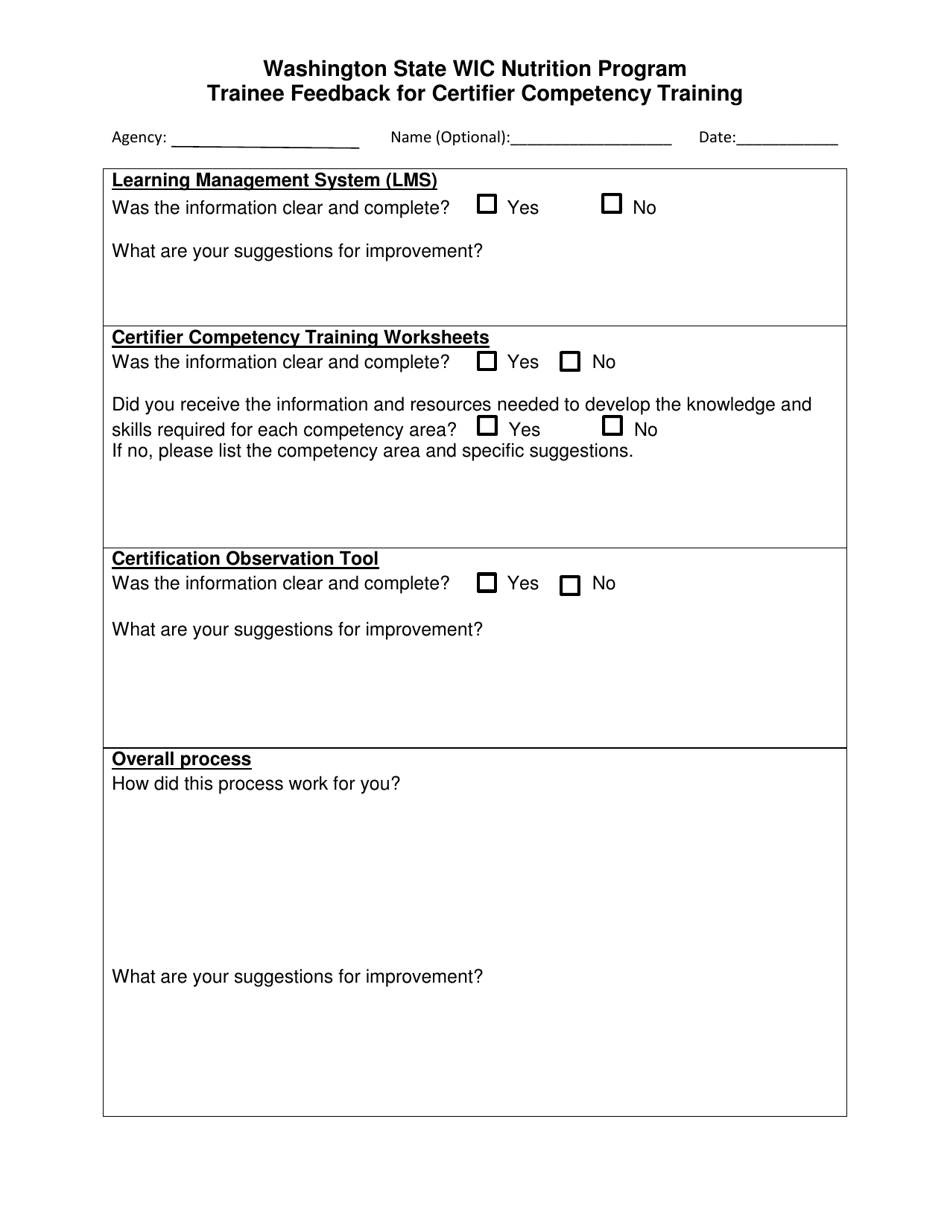 DOH Form 961-1118 Trainee Feedback for Certifier Competency Training - Washington State Wic Nutrition Program - Washington, Page 1