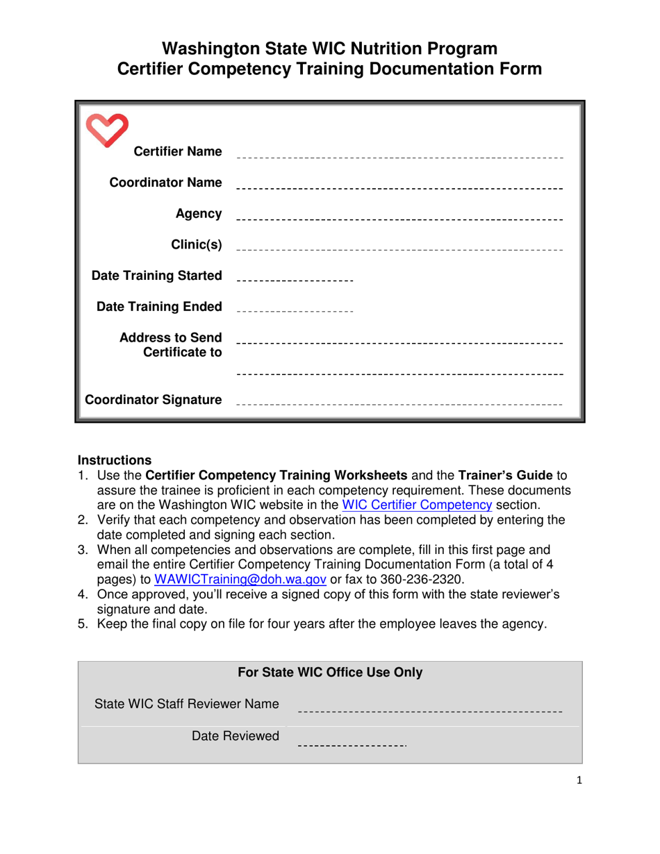 DOH Form 961-1118 Certifier Competency Training Documentation Form - Washington State Wic Nutrition Program - Washington, Page 1