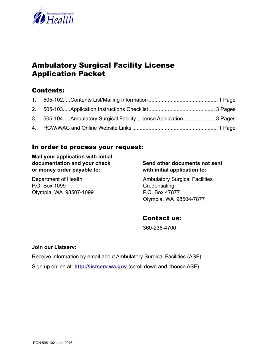 DOH Form 505-102 Ambulatory Surgical Facility License Application - Washington, Page 1