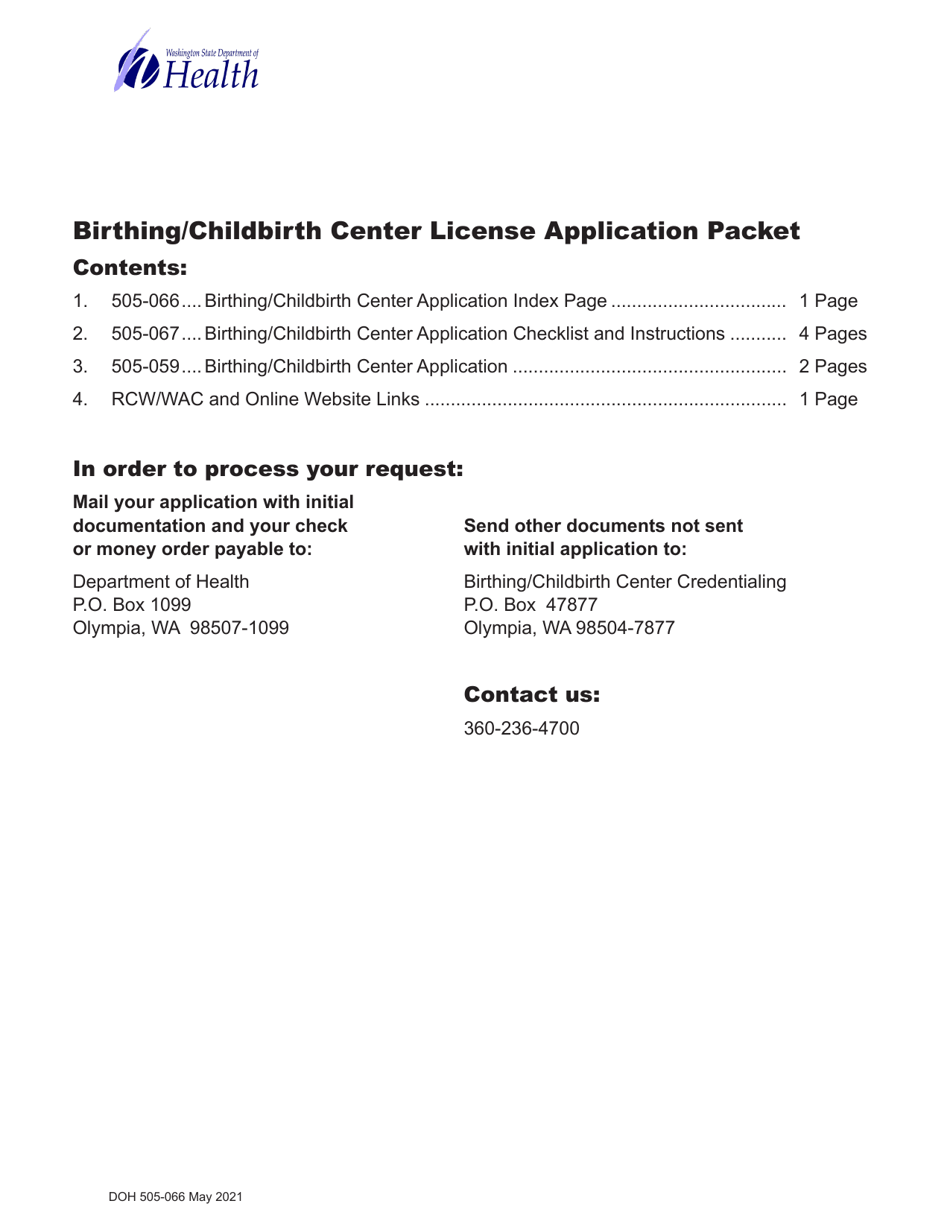 DOH Form 505-059 Birthing / Childbirth Center License Application - Washington, Page 1