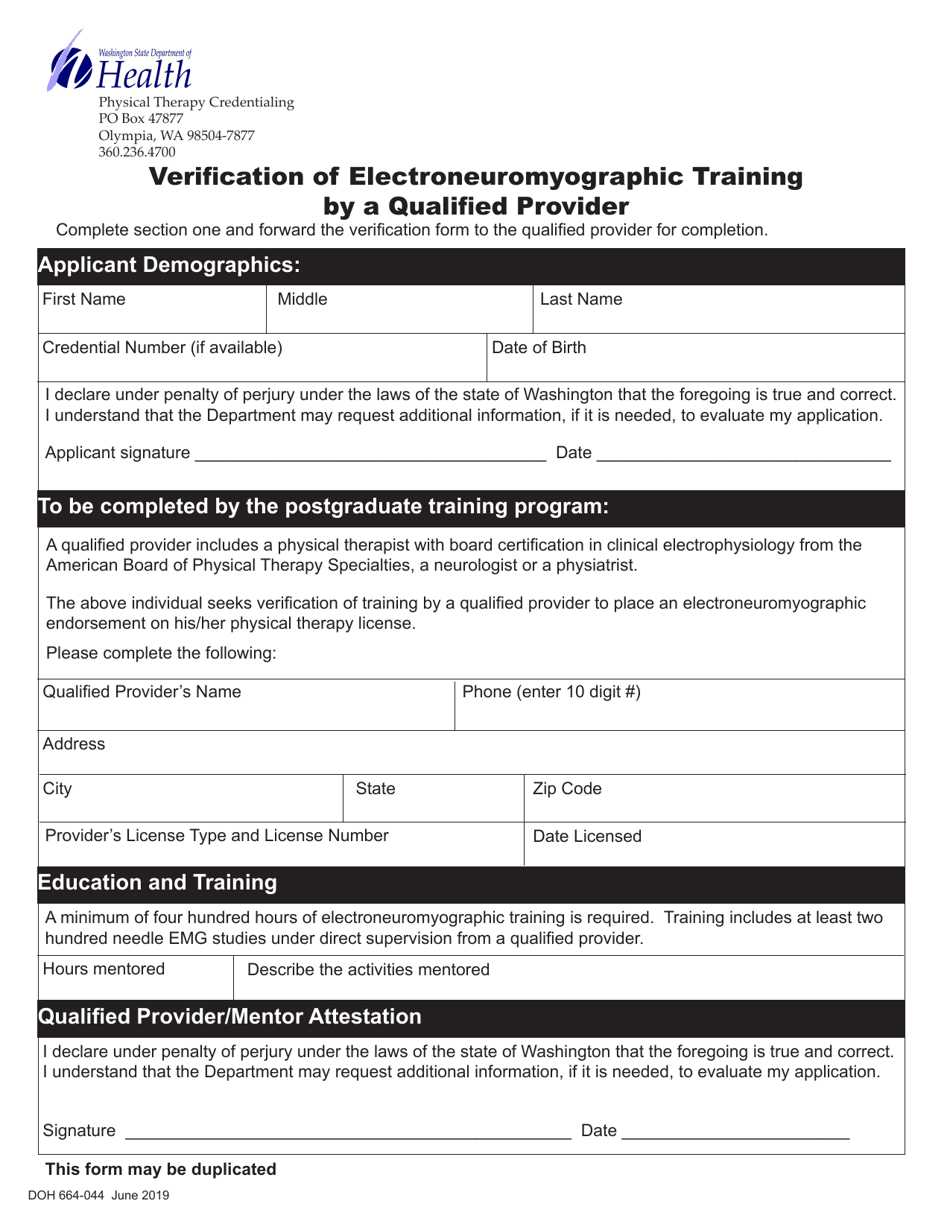 DOH Form 664-044 Verification of Electroneuromyographic Training by a Qualified Provider - Washington, Page 1