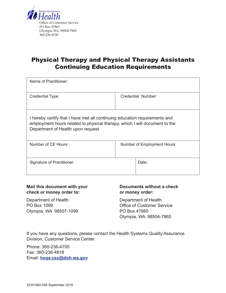 DOH Form 664-056 Physical Therapy and Physical Therapy Assistants Continuing Education Requirements - Washington, Page 1