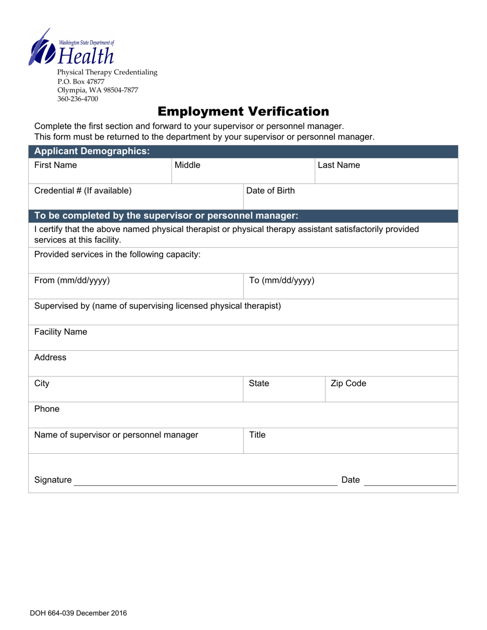DOH Form 664-039 Physical Therapy Employment Verification - Washington, Page 1