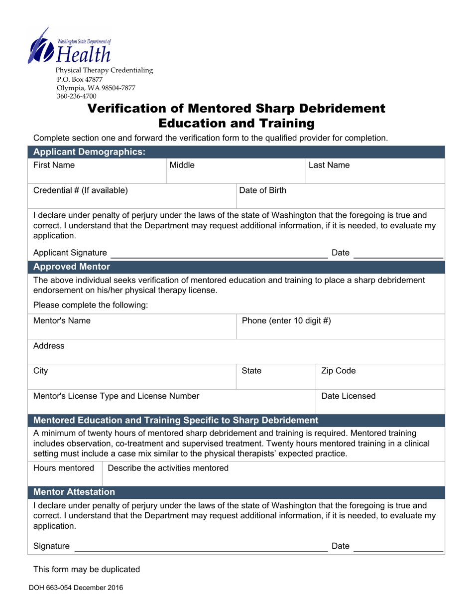DOH Form 663-054 Verification of Mentored Sharp Debridement Education and Training - Washington, Page 1