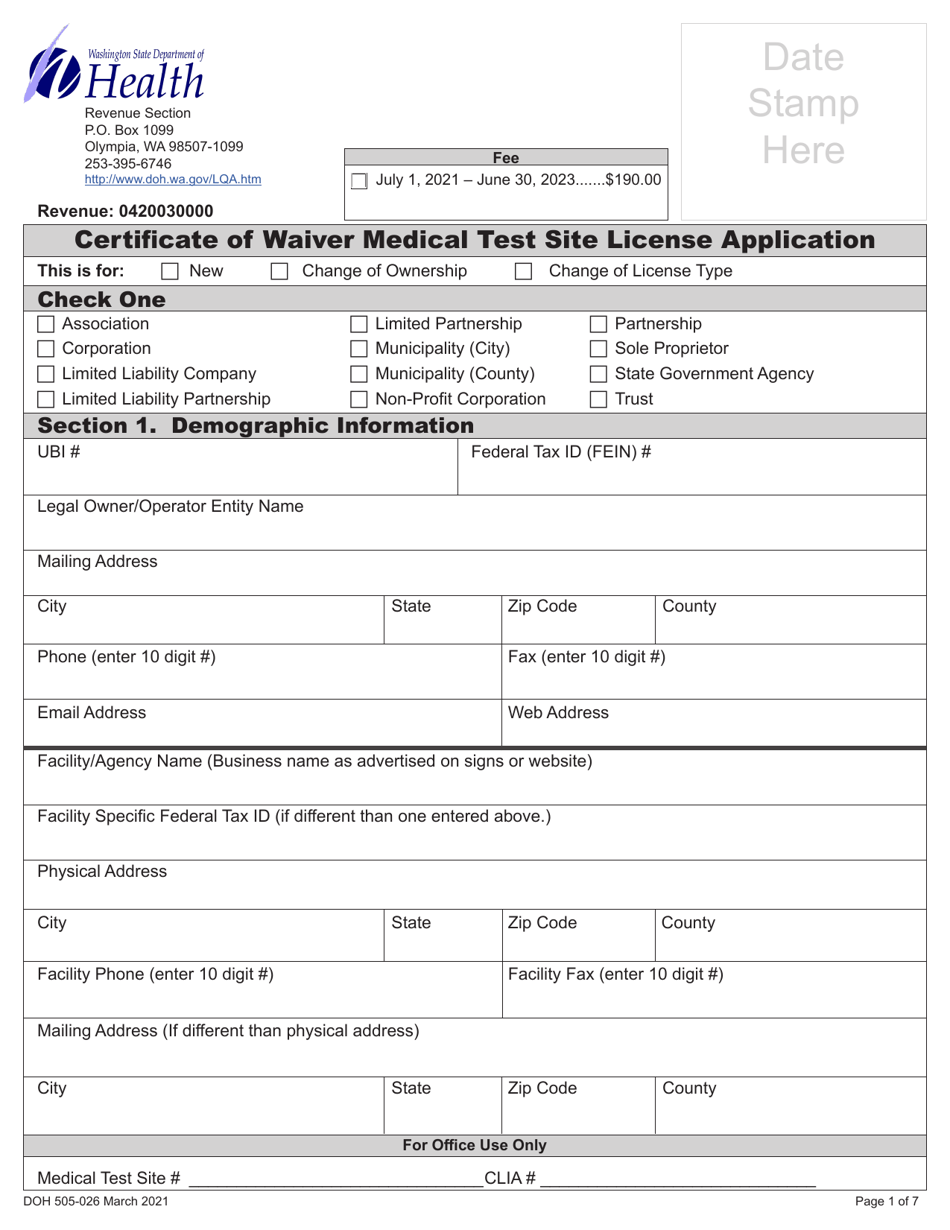 DOH Form 505-026 Certificate of Waiver Medical Test Site License Application - Washington, Page 5