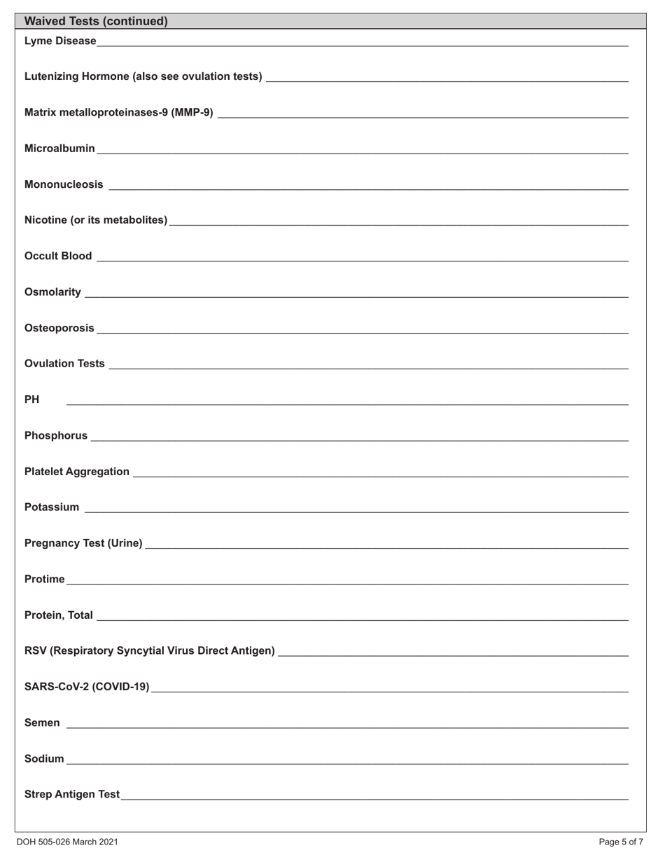 DOH Form 505-026 Certificate of Waiver Medical Test Site License Application - Washington, Page 9