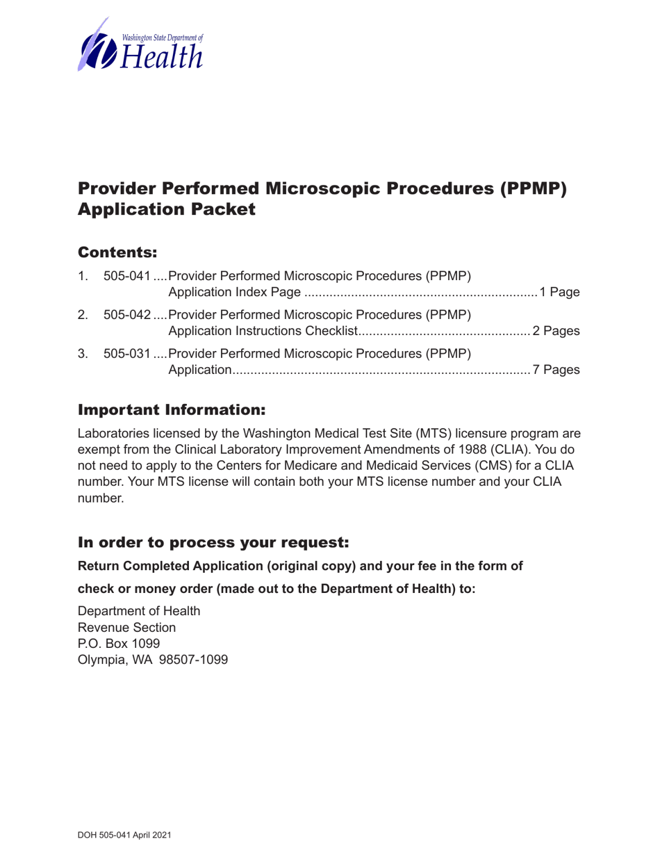 DOH Form 505-031 Provider Performed Microscopic Procedures (Ppmp) Medical Test Site License Application - Washington, Page 1