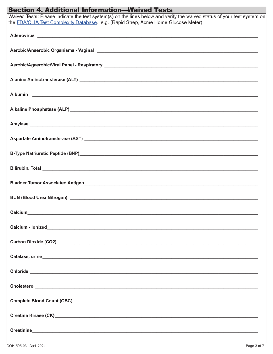 DOH Form 505-031 Provider Performed Microscopic Procedures (Ppmp) Medical Test Site License Application - Washington, Page 7