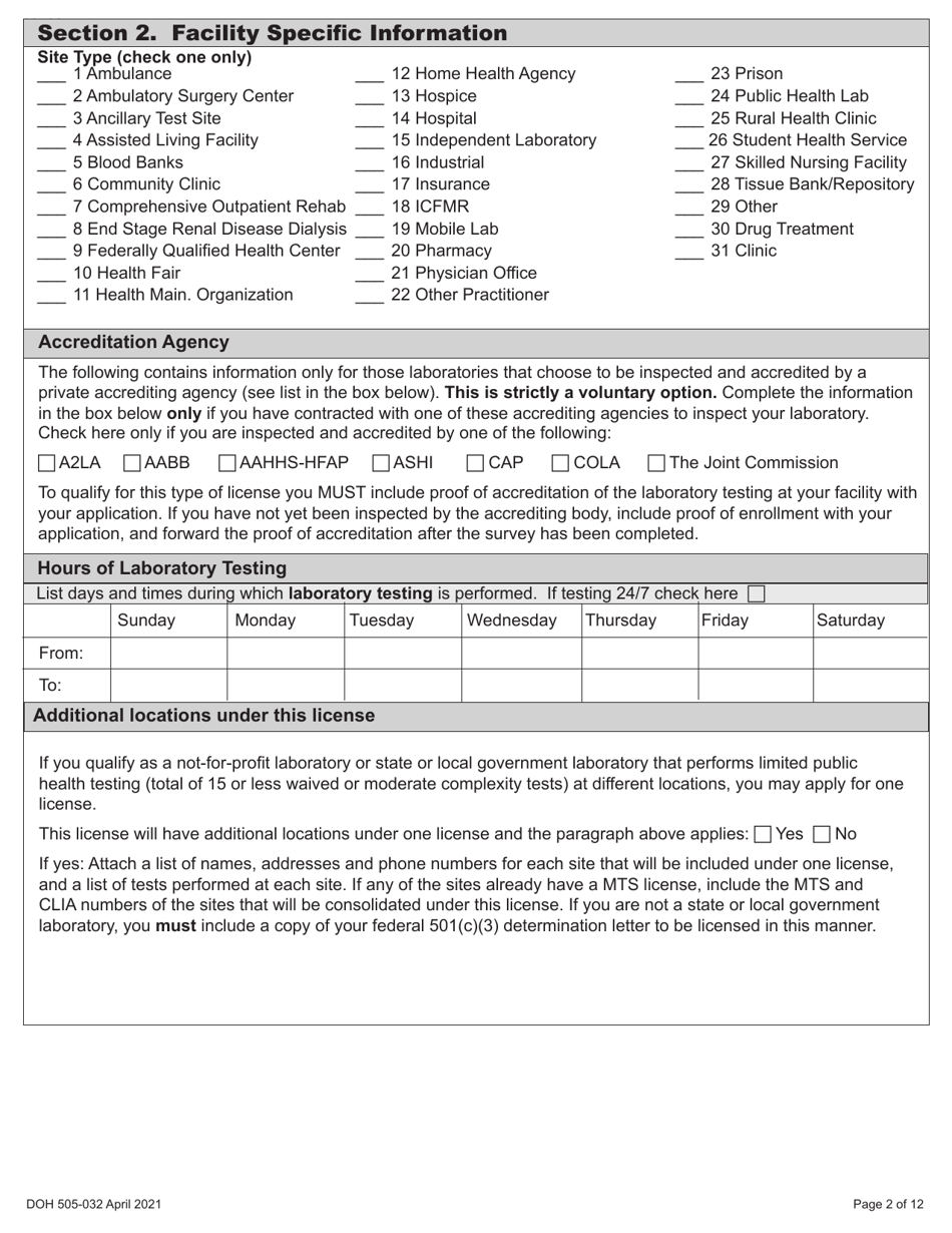 DOH Form 505-032 Accredited Medical Test Site License Application - Washington, Page 10