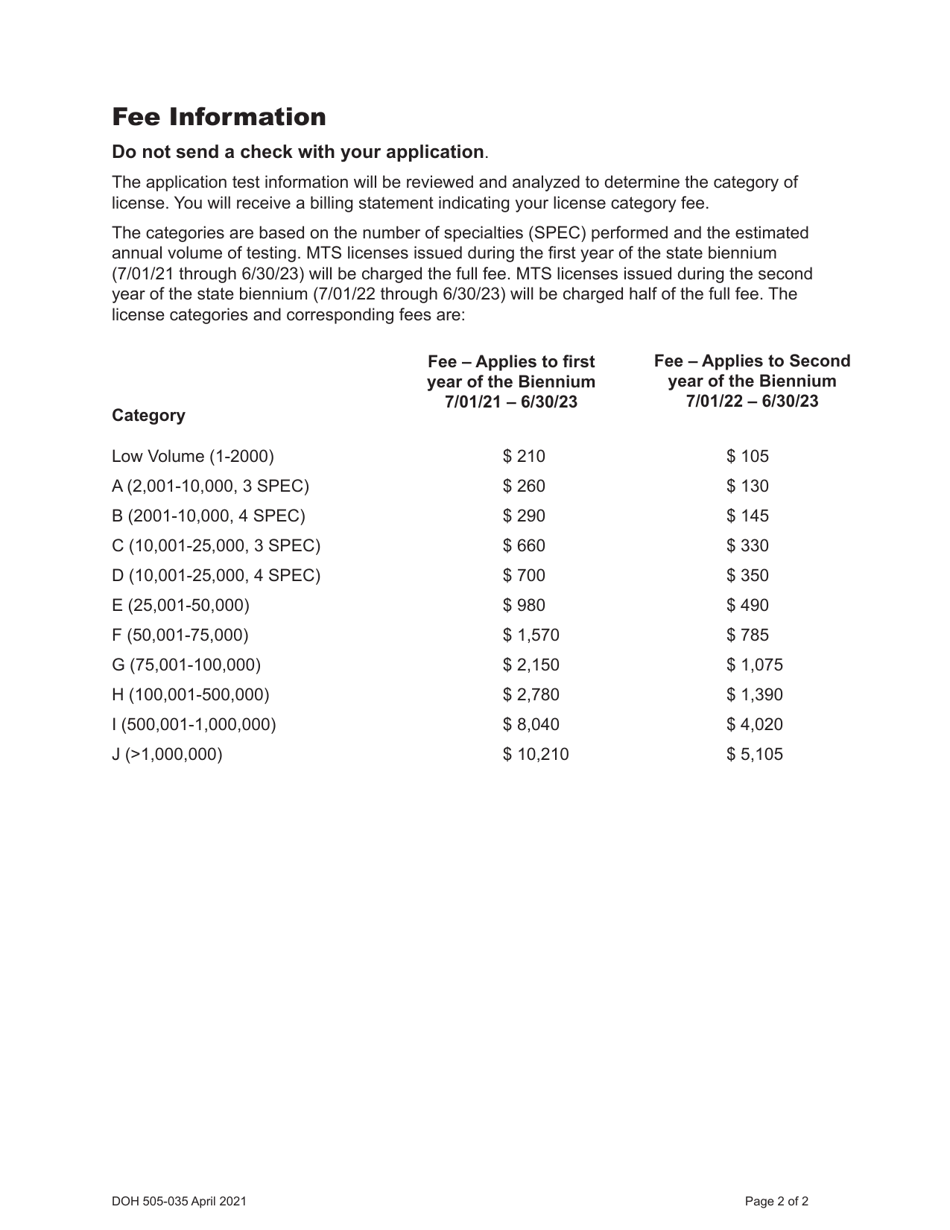 DOH Form 505-032 Accredited Medical Test Site License Application - Washington, Page 2