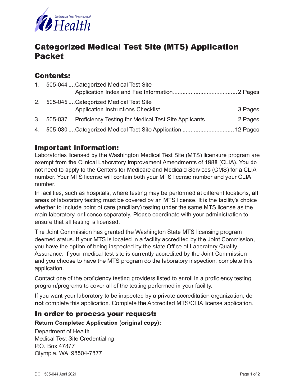 DOH Form 505-030 Categorized Medical Test Site License Application - Washington, Page 1