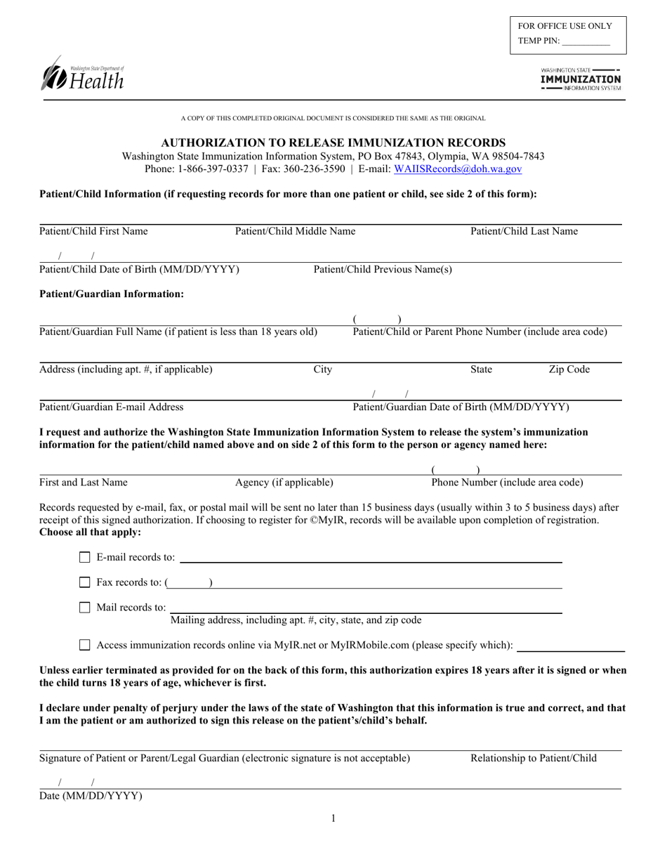 DOH Form 348-367 Authorization to Release Immunization Records - Washington, Page 1