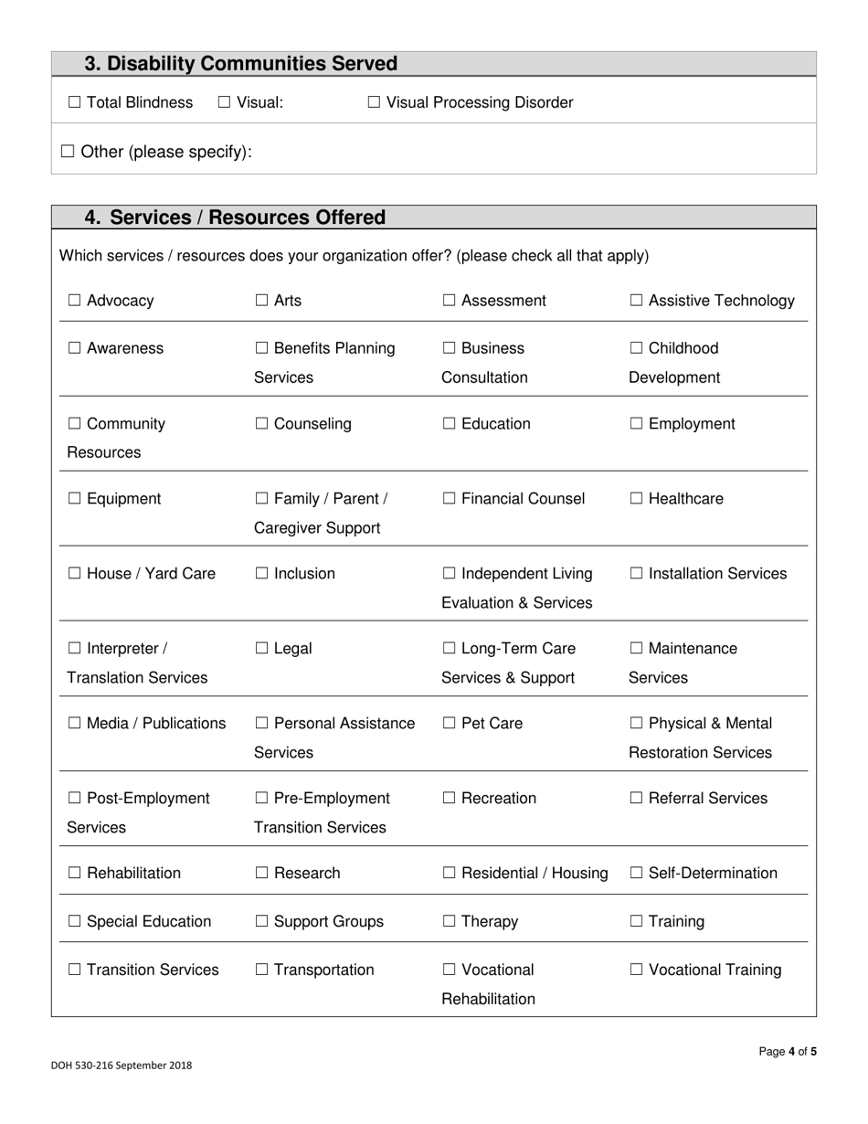 DOH Form 530-216 Nonprofit Disability-Related Organization List Registration Form - Washington, Page 4
