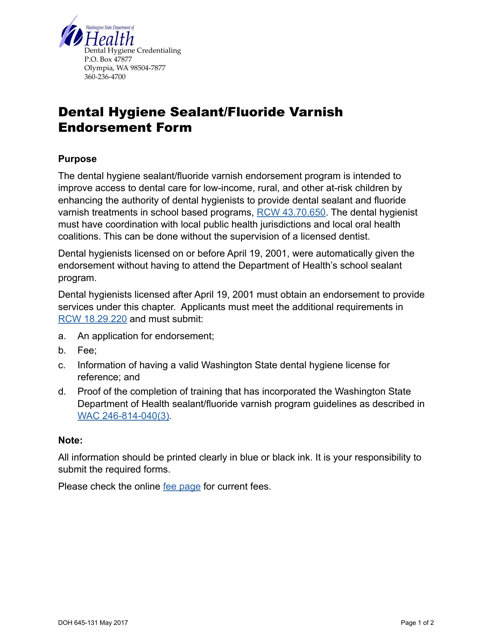 DOH Form 645-131 Dental Hygiene Sealant/Fluoride Varnish Endorsement Form - Washington
