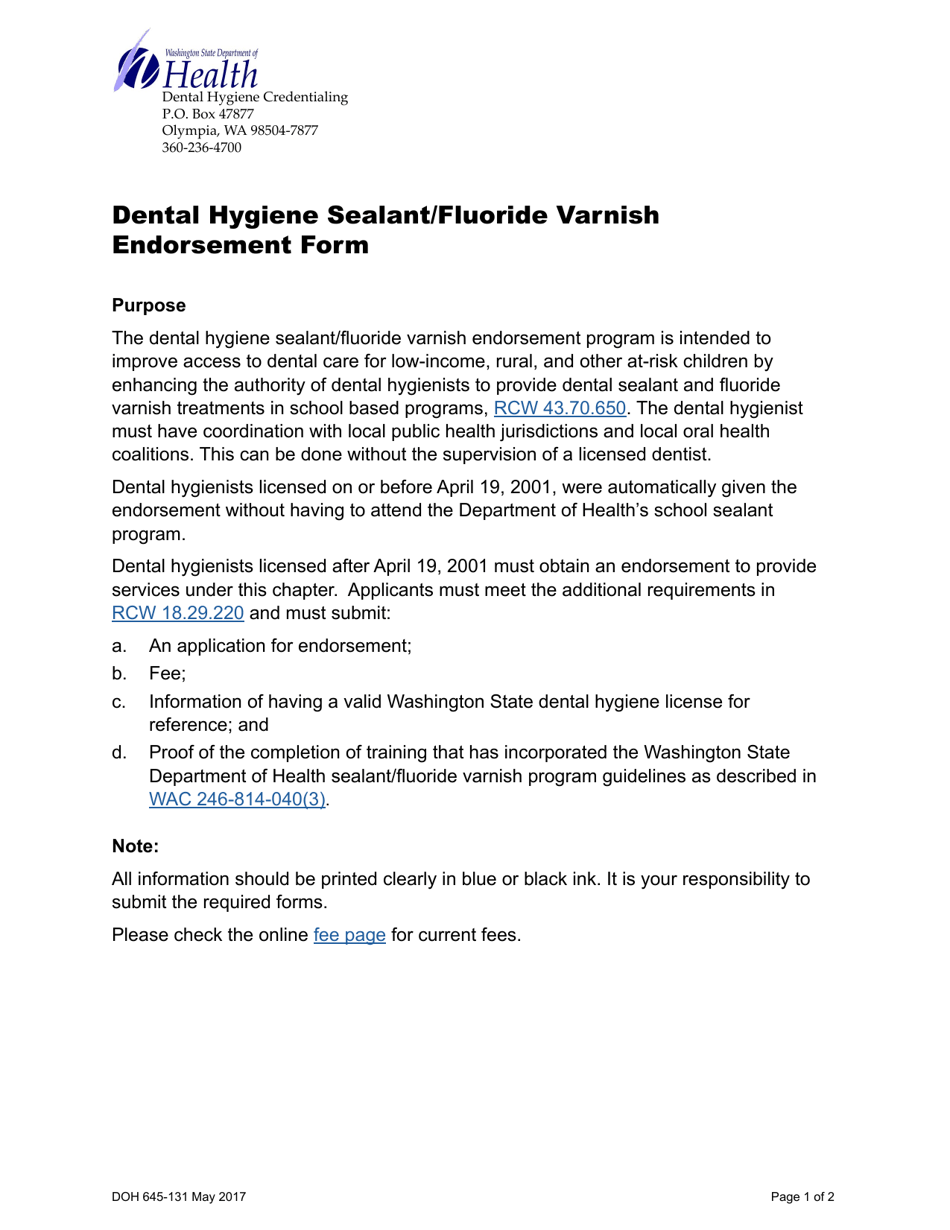 DOH Form 645-131 Dental Hygiene Sealant / Fluoride Varnish Endorsement Form - Washington, Page 1
