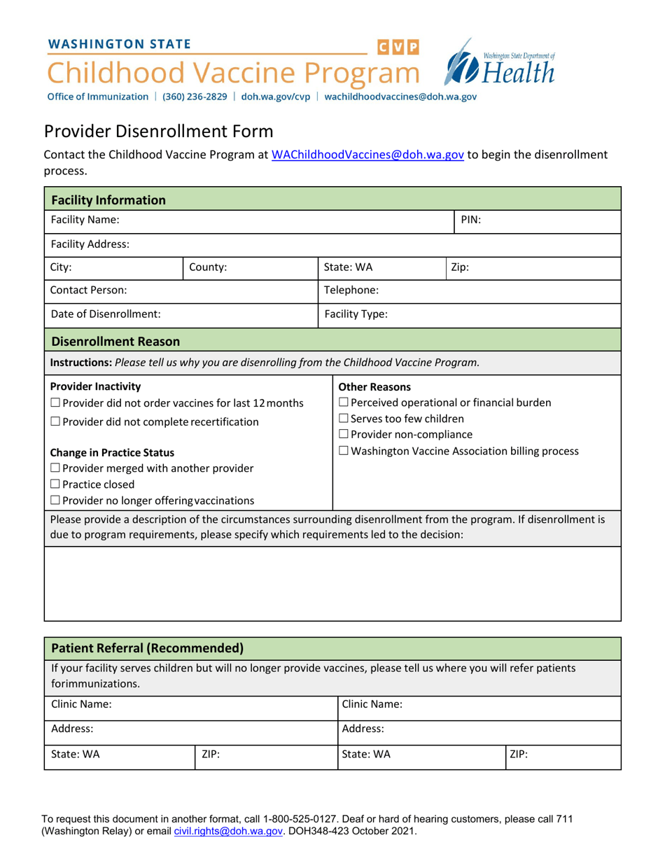 DOH Form 348-243 Provider Disenrollment Form - Childhood Vaccine Program - Washington, Page 1